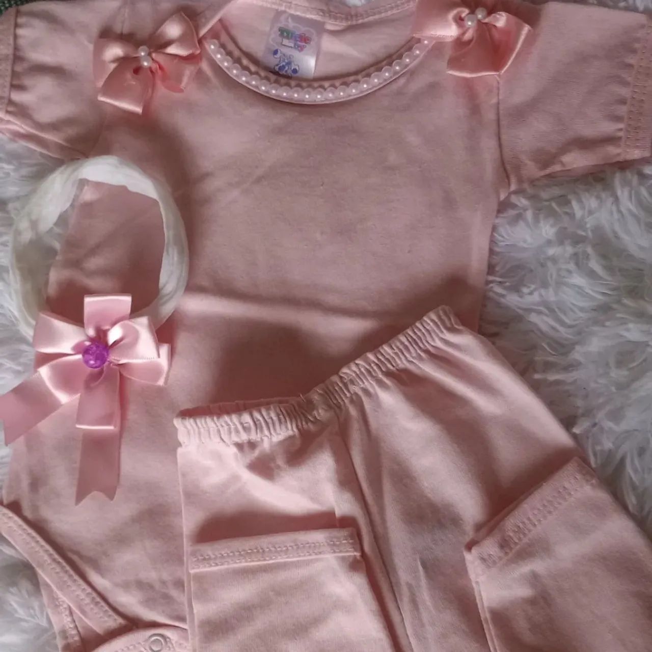 Conjunto Bebê Menina Rosa e lilás - Body e Calça com faixinha 
