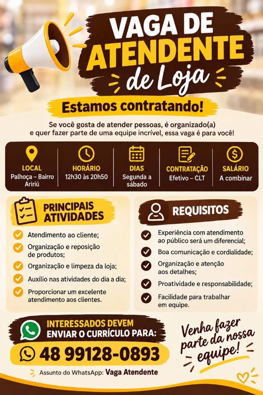 Vaga atendente de loja.