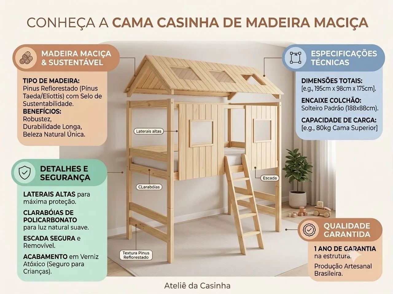 Cama Casinha Infantil Elevada - Madeira Maciça<br> - Foto 2