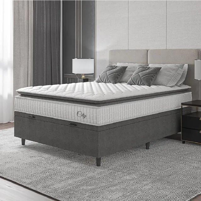 Colchão Resistence King + Cama Base Baú King Cinza Hellen