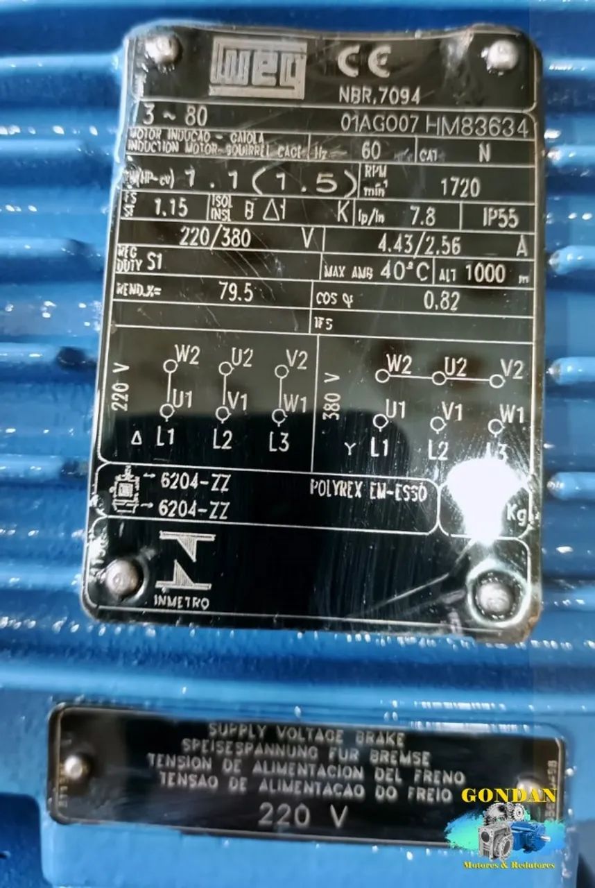 Moto freio WEG 1,5cv/hp 1,1kw 4 polos 1720RPM Trifásico 220V 380V com flange CDIN - Foto 3