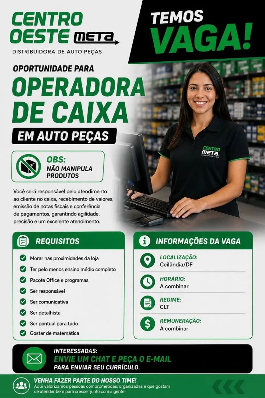 Vaga operadora de caixa em auto peças na Ceilândia 1