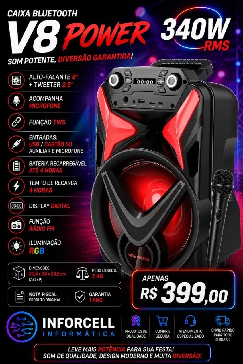 Caixa Bluetooth 340w Vibesound Recarregável com microfone