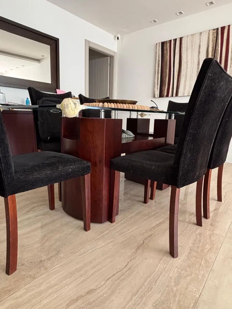 Mesa Madeira, Tampo de Vidro e Seis Cadeiras