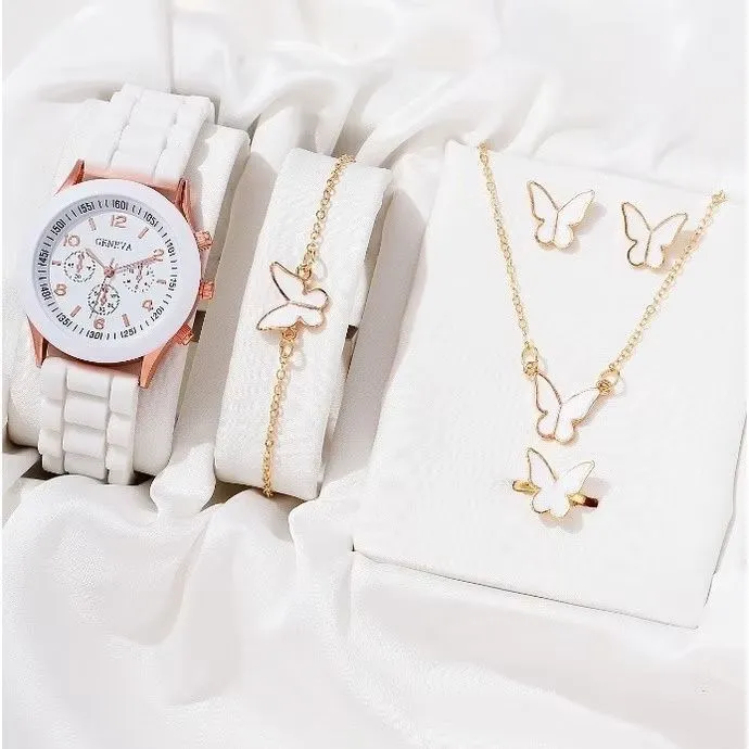 Conjunto de Relógio, Pulseira e Brincos de Borboleta