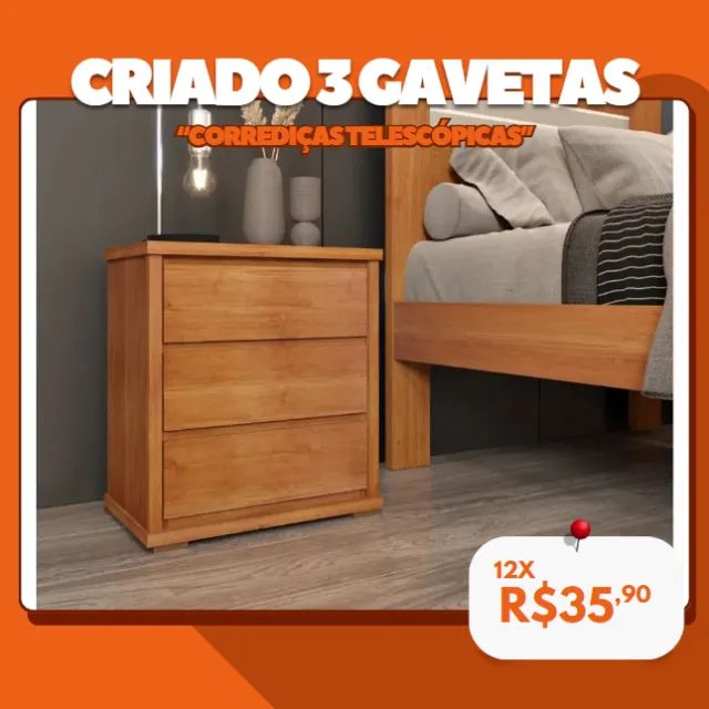Criado Retrô com 3 Gavetas - Estrutura em MDP e MDF e Corrediças Telescópicas