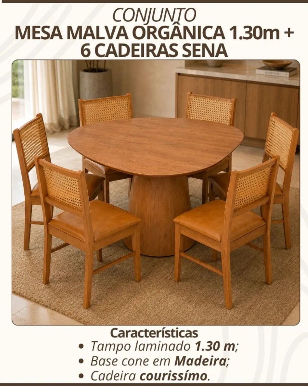 Conjunto Mesa Malva 1,20m c/ 4 cadeiras em madeira e base mesa madeira