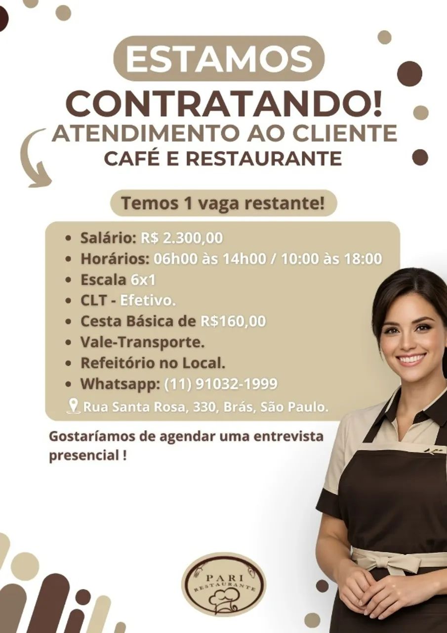 VAGA DE ATENDENTE DE CAFETERIA