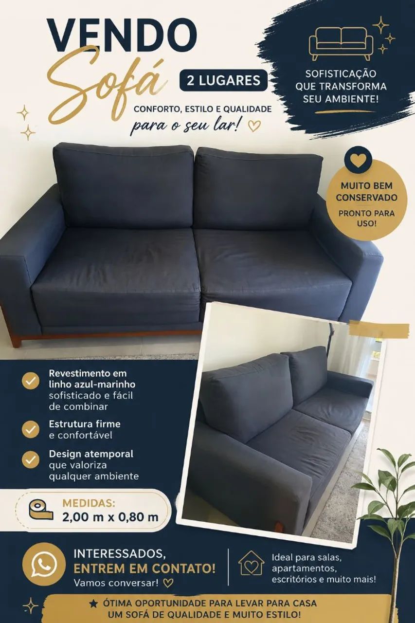 Sofá 2 Lugares em Linho Cinza - Moderno e Confortável | Ótimo Estado