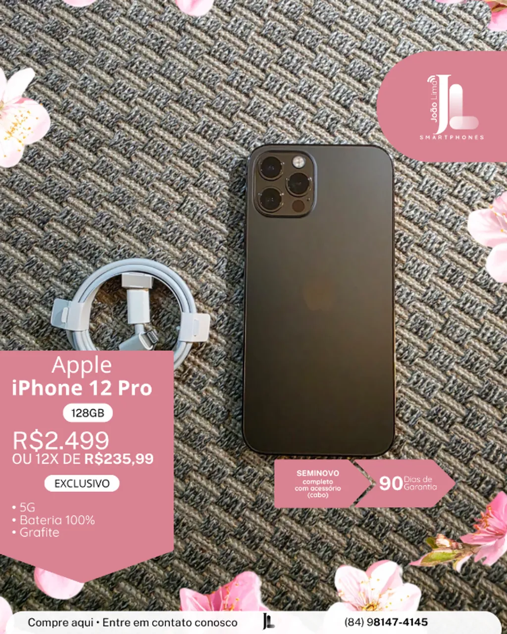 IPHONE 13 PRO, 128GB, CHIP FÍSICO, GRAFITE, BATERIA 100%, SEMINOVO