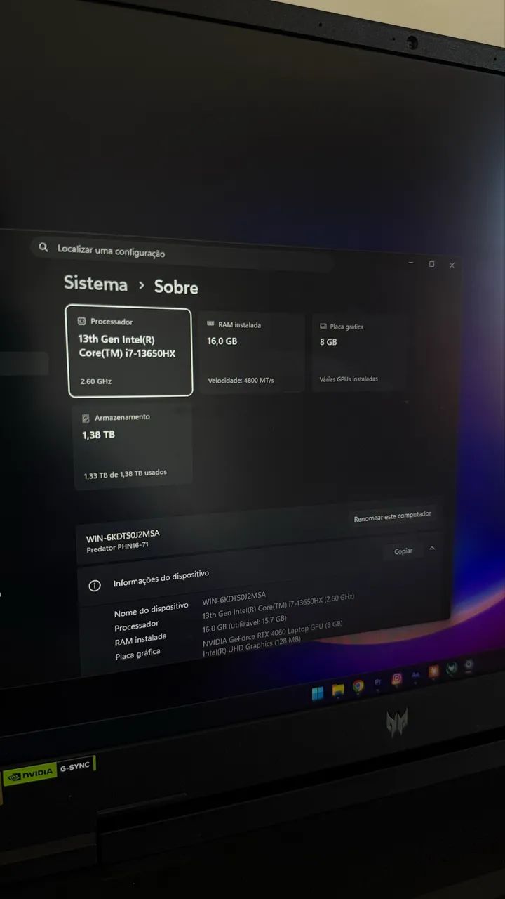 Helios Neo 16 RTX 4060 i7 13650HX 16GB DDR5 - Foto 2