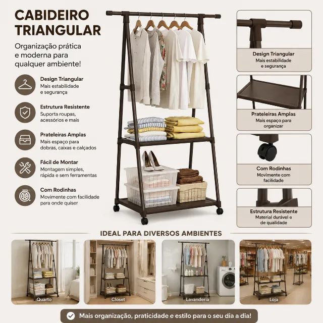 Cabideiro Triangular com Prateleiras e Rodinhas - Foto 3