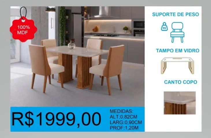Mesa com tampo em vidro e 4 cadeiras - parcelamos até 12 X sem juros