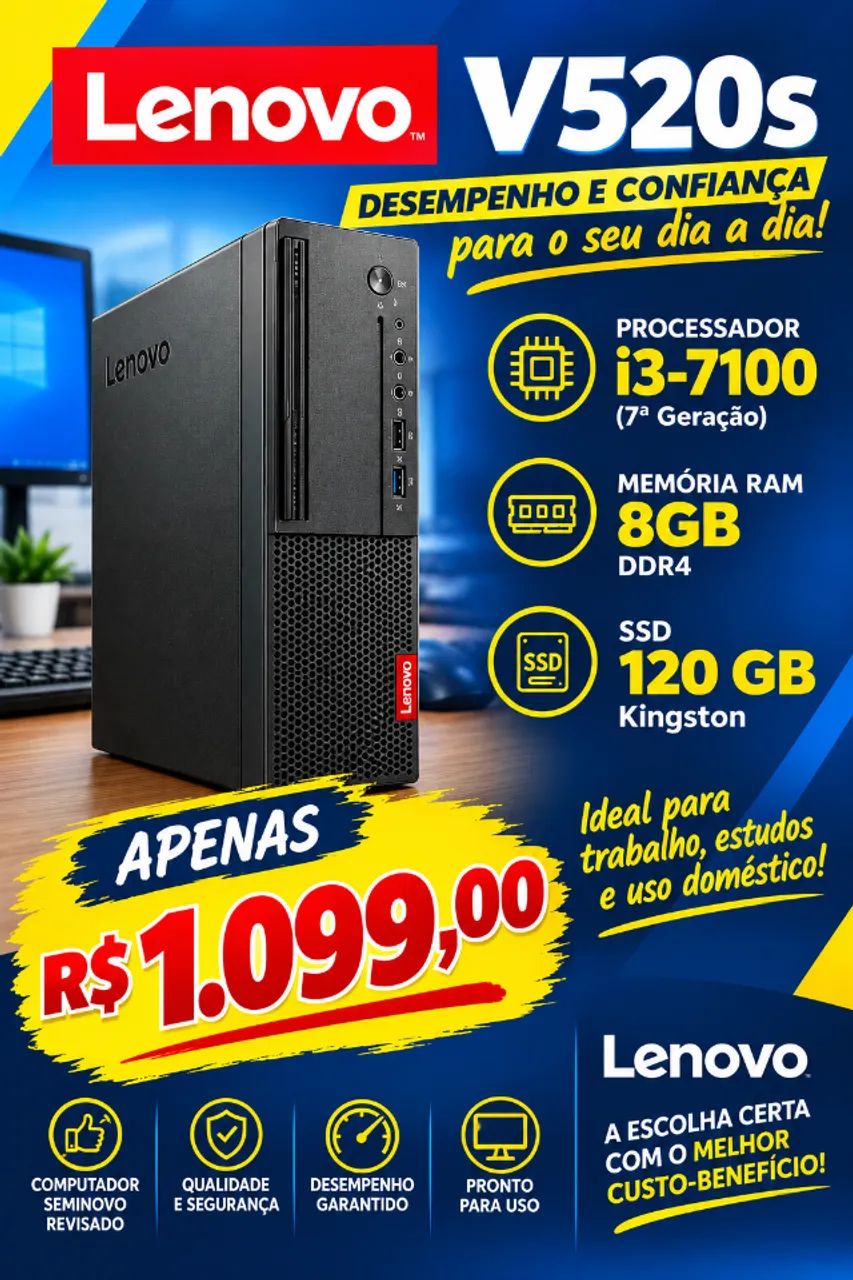 Computador Lenovo V520s I3-7100, 8gb, SSD 120gb - Computadores e