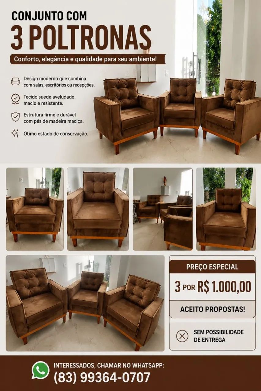 Conjunto com 3 Poltronas em Suede Marrom - Excelente Estado - R$ 1.000