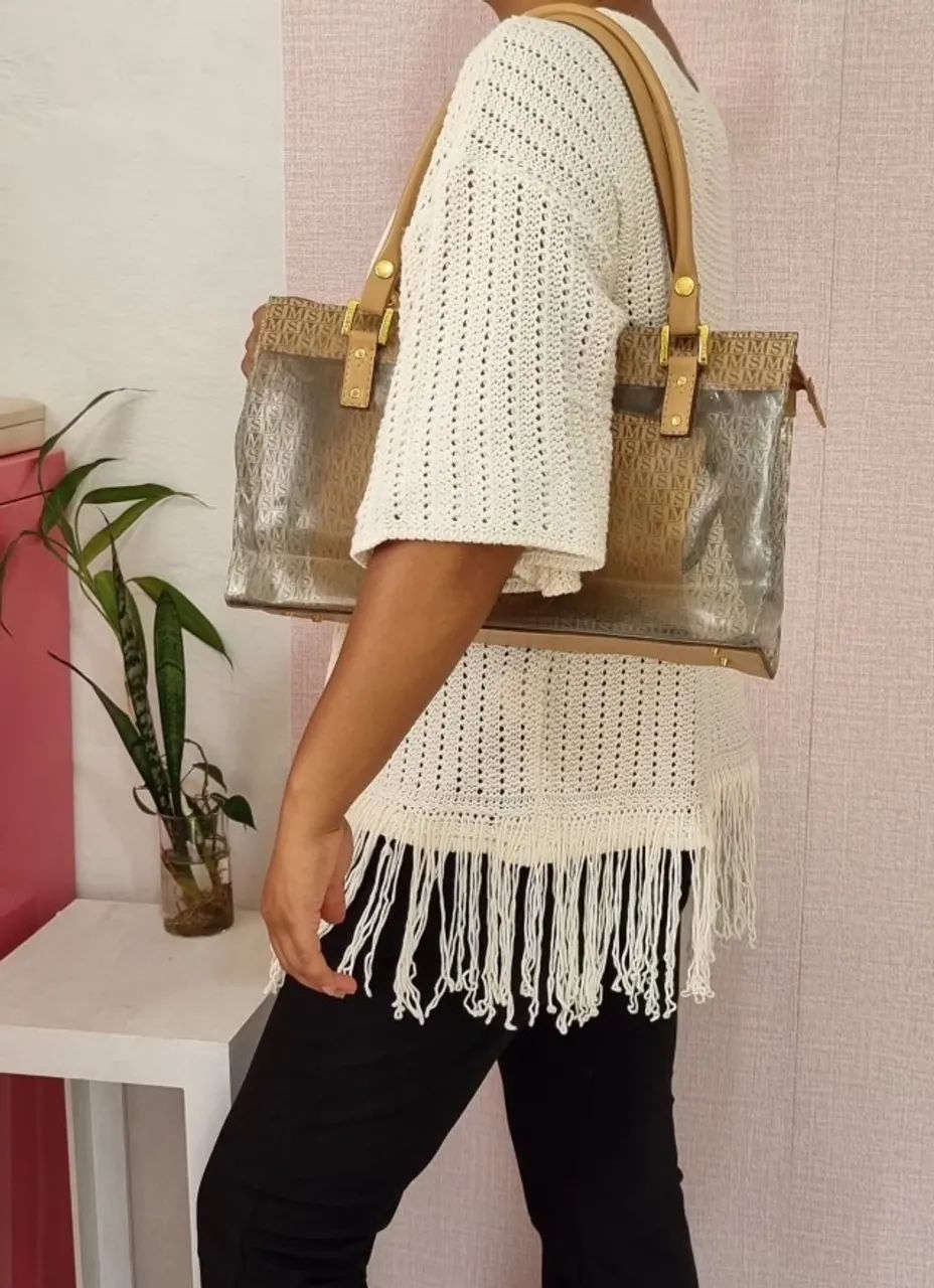 Bolsa Monica Sanches em verniz e couro bege - Foto 4