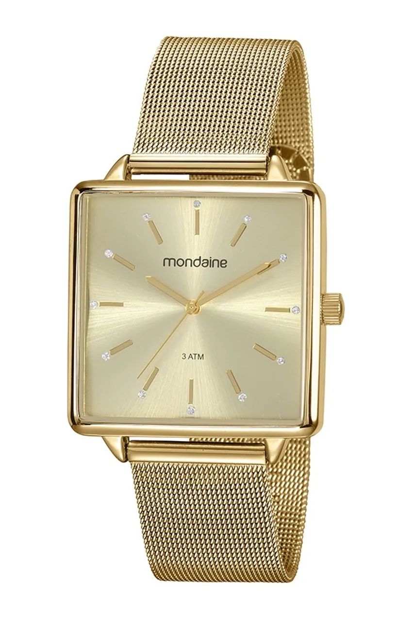 Relogio analogico quadrado dourado em aço 