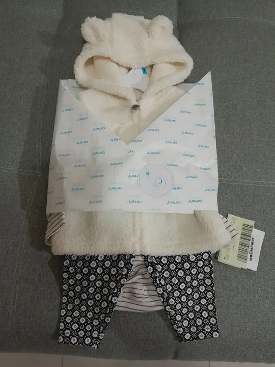 Conjunto longo moletom bebê 3 peças com capuz