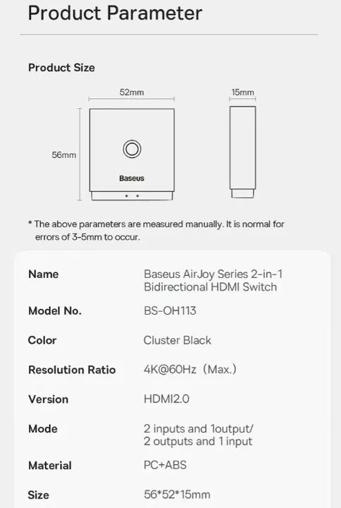 Baseus Switch Bidirecional Cabo Hdmi 2x1 4k Tv Ps4 Xbox 60hz - Foto 2