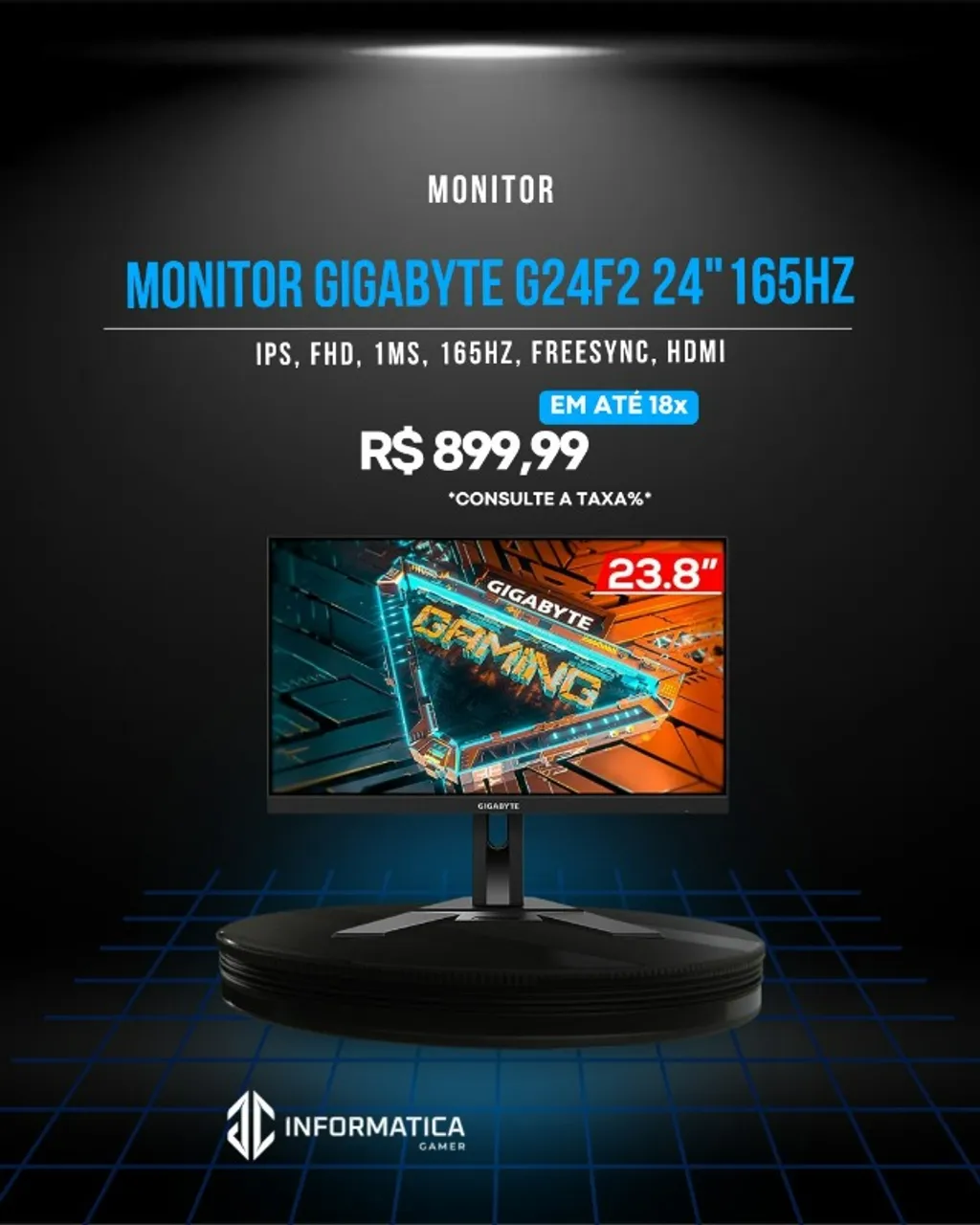 Monitor Gigabyte G24F2, 24 Pol, Full HD, FreeSync, 165Hz, 1ms, IPS, HDMI/ DP