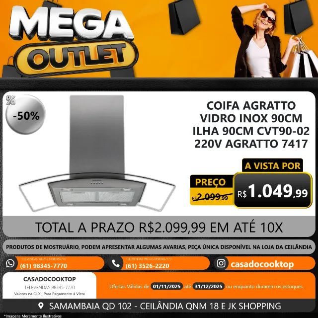 COIFA AGRATTO VIDRO INOX 90CM ILHA 90CM CVT90-02 220V AGRATTO 7417