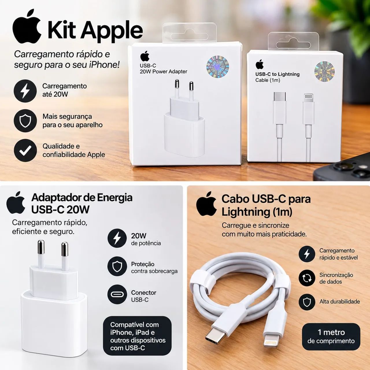 Carregador iPhone Apple 20w Turbo Com Cabo Lightning Usb-c - Foto 3