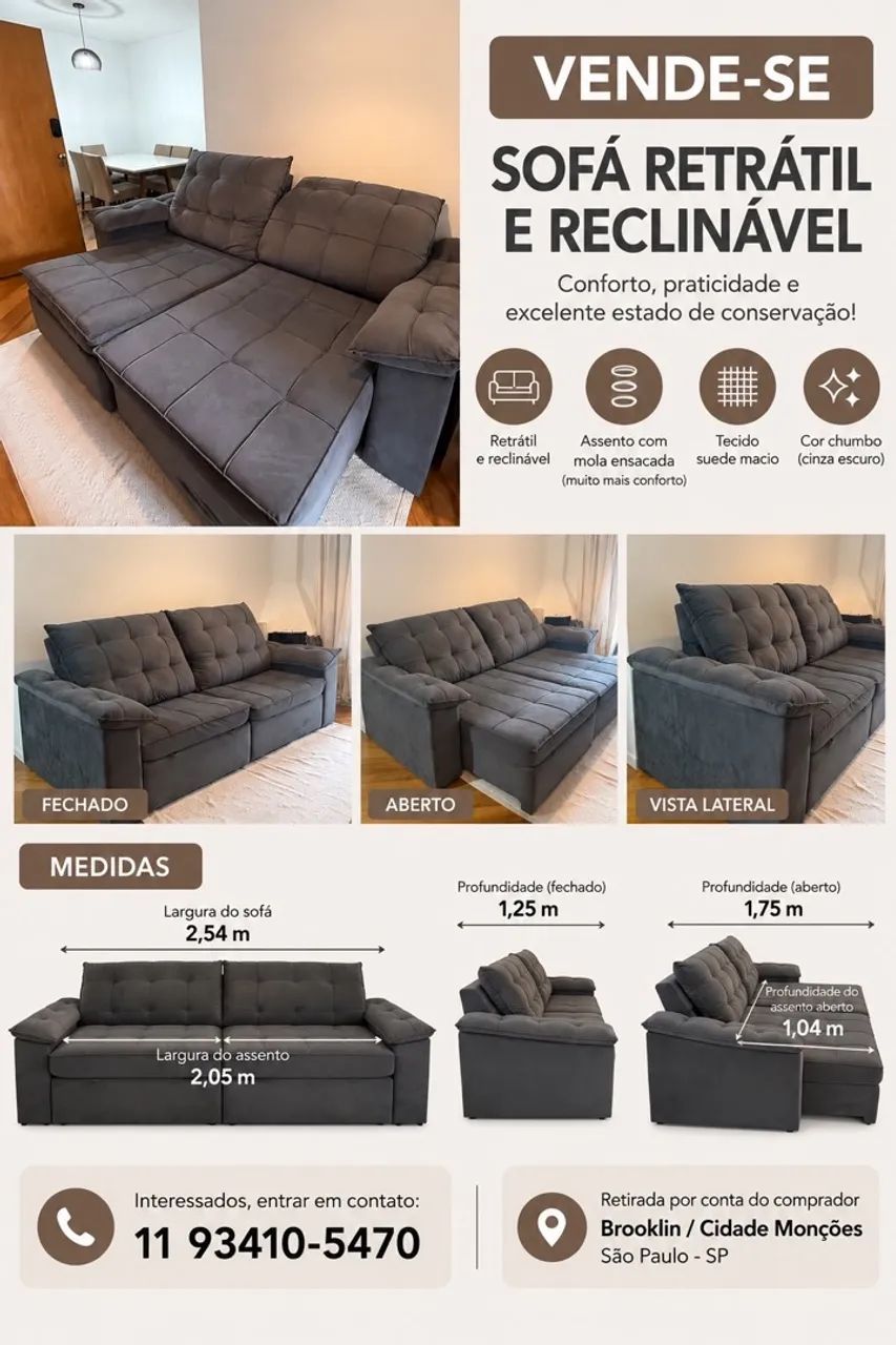 Sofá Retrátil e Reclinável de Molas Ensacadas