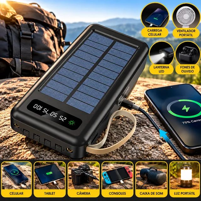 Power Bank Solar 20.000mAh 5 em 1 com 4 Cabos e Lanterna LED