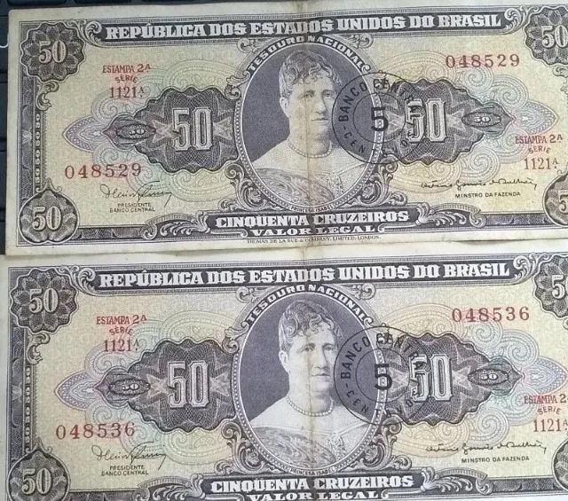 Duas cédulas 50 cruzeiros Princesa Isabel