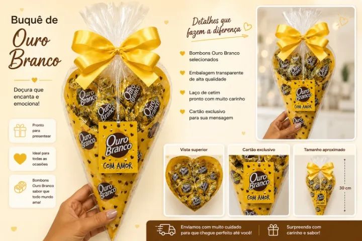 Cone Recheado Com 5 Bombons Ouro Branco Lembrancinha Presente - Foto 4