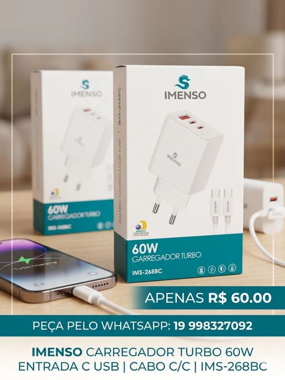Imenso carregador 60w cabo C/C ims-268bc