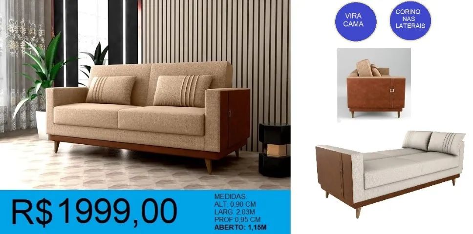 Sofá cama com lateral em corano - Entrega grátis! 