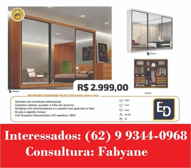 Guarda Roupa Diamond 3 Portas com Espelho