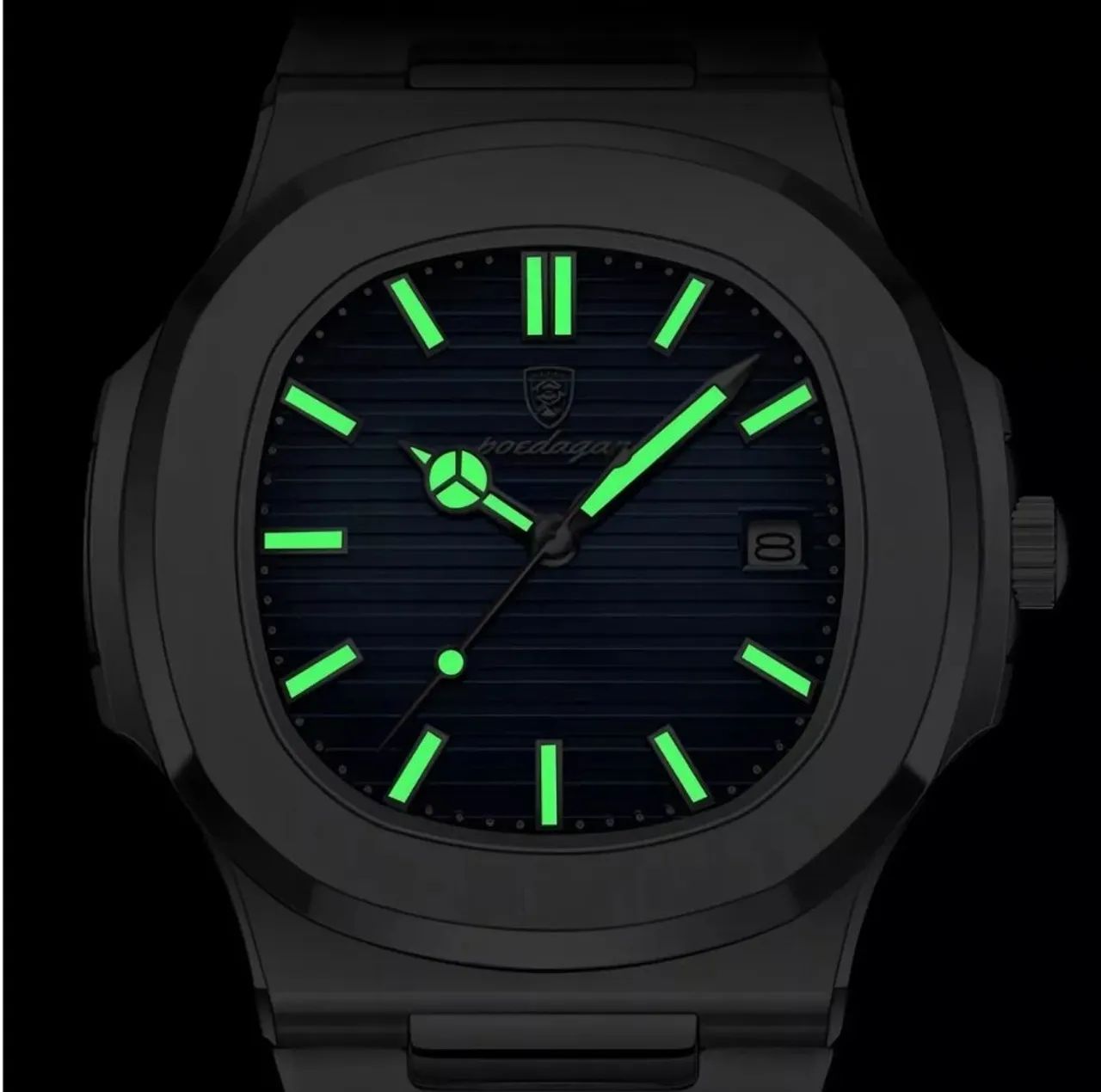 Relógio Poedagar De Luxo Com Caixa Correia Prateado Bisel Prateado Fundo Verde - Foto 2