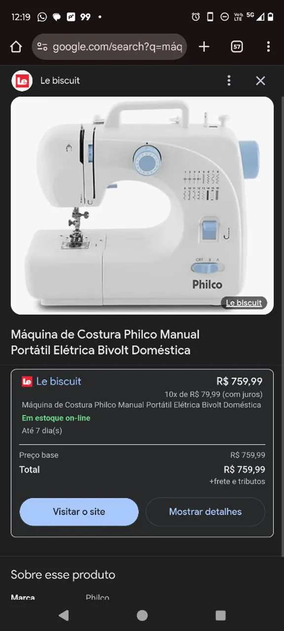 Máquina de Costura Philco Manual Portátil