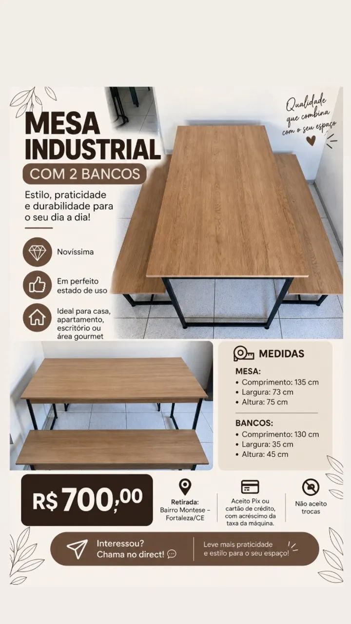Mesa industrial com 2 bancos 