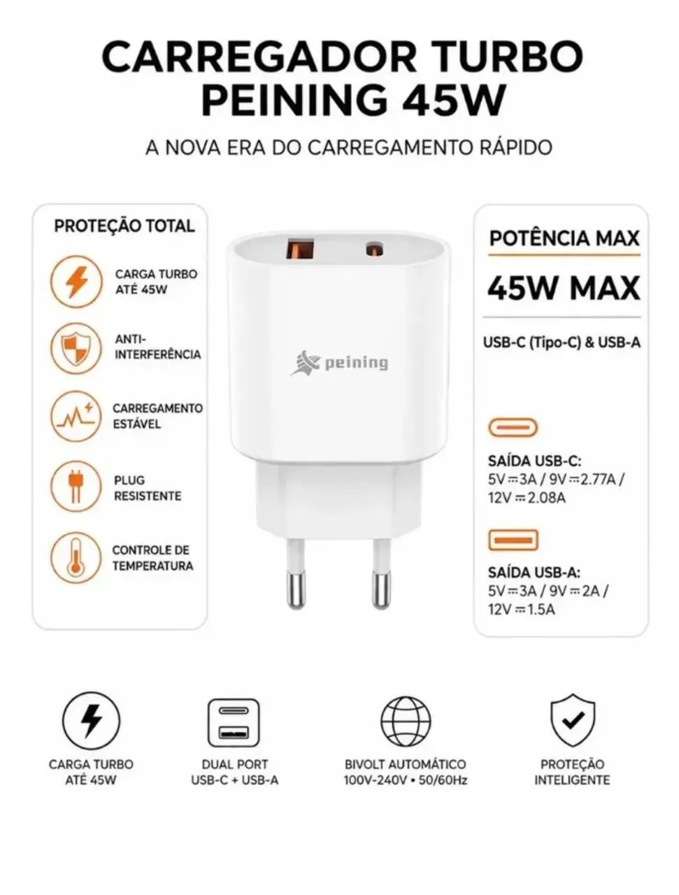 Carregador Duplo Usb+usb-c 45w Compativel iPhone Android Branco - Foto 2