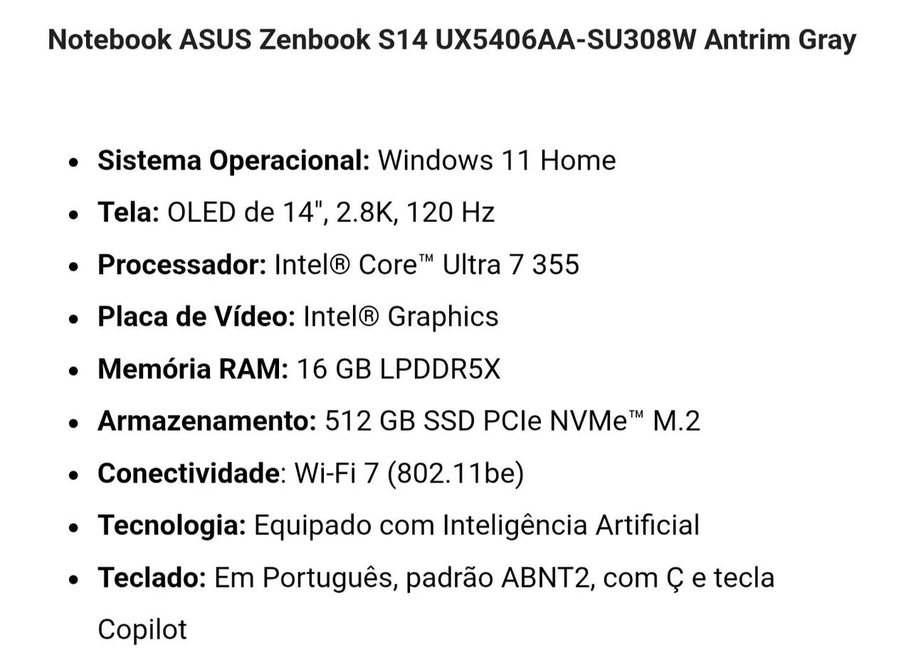 Notebook Asus Zenbook S14 lacrado  - Foto 4