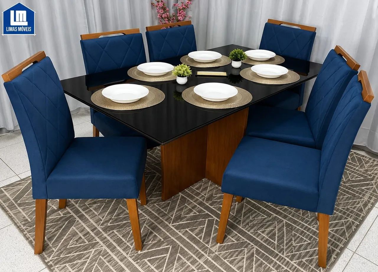 MESA DE JANTAR 1.60×80 TAMPO COM VIDRO E 6 CADEIRAS MACIÇA 