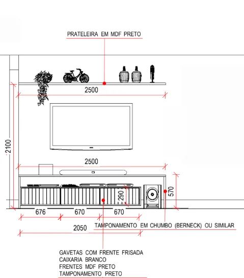 Hack para TV em MDF Chumbo com 3 Gavetas Pretas Ripadas e Prateleira  - Foto 3