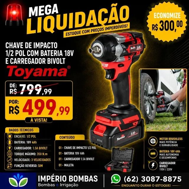 Chave de impacto Toyama 18V 1/2 com bateria e maleta - Ferramentas