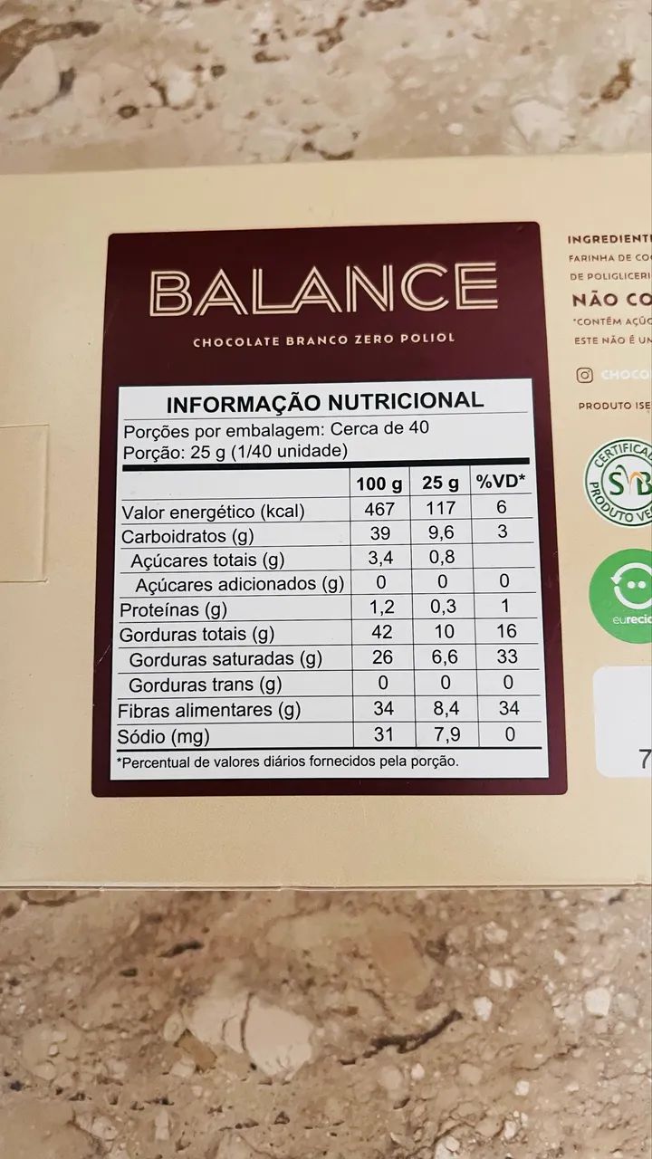 Barra de Chocolate Branco sem poliol e açúcar Balance 1kg - Foto 4
