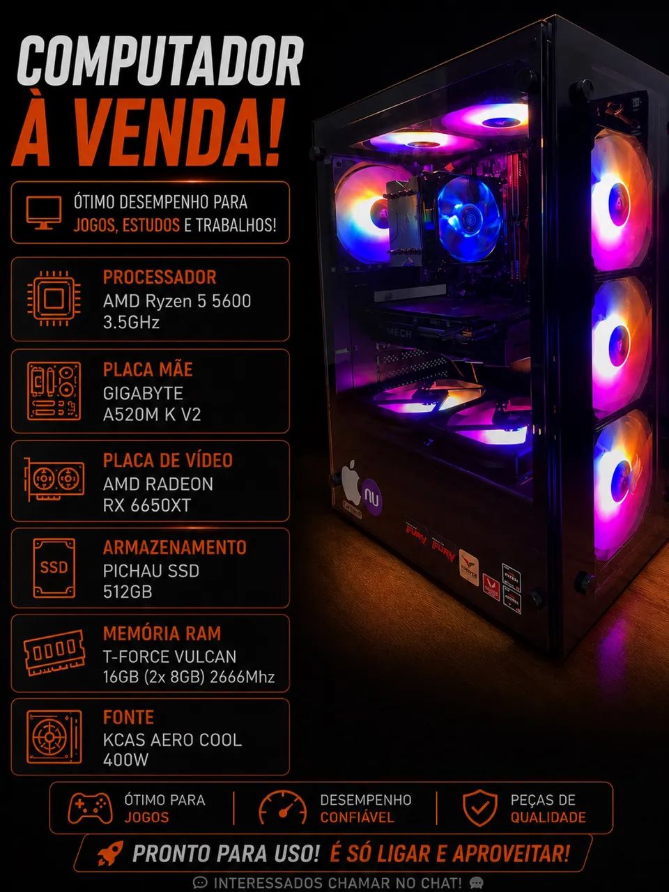 Computador Com Ryzen 5 5600 e RX 6650 XT 8GB