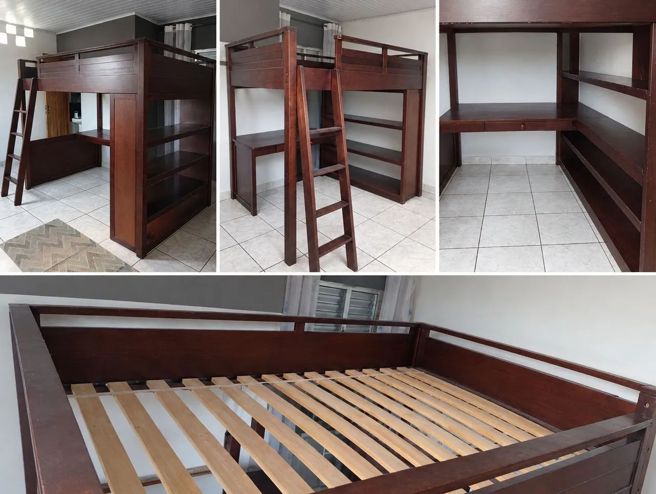 Cama de casal suspensa com escritório em baixo