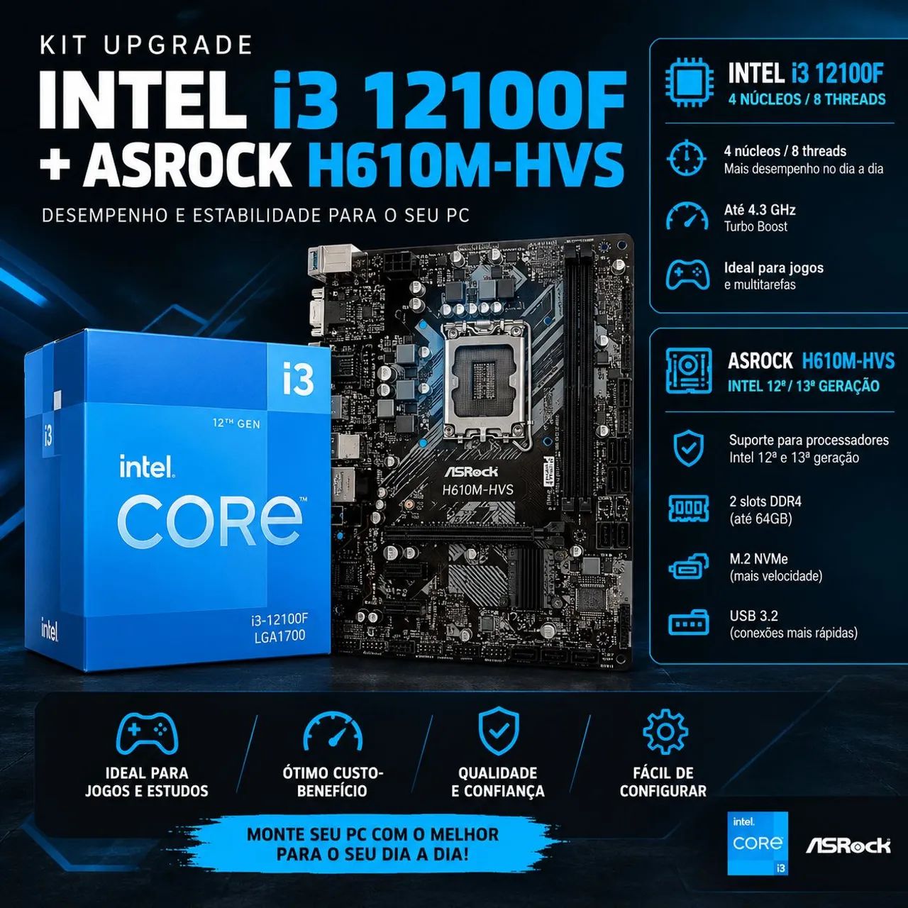 Processador Intel i3 12100F + Placa-mãe ASRock H610M-HVS - Peças