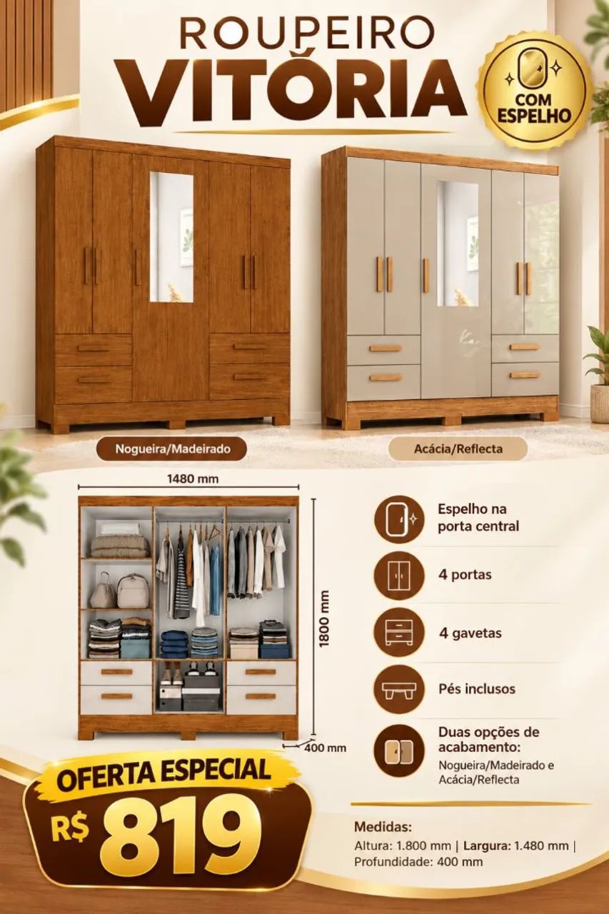 Guarda roupa solteirão com espelho 