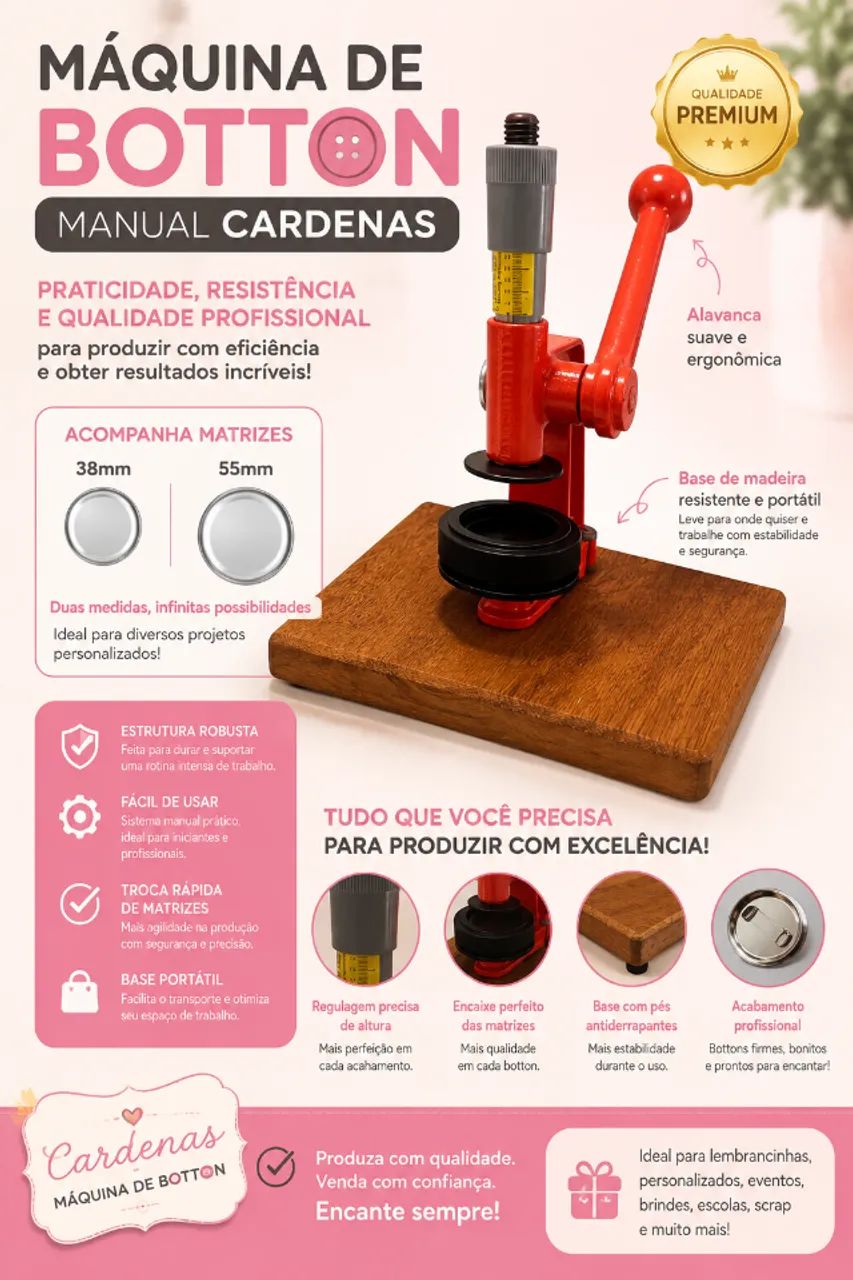 Maquina Para Bottons e Chaveiros 38mm e 55mm Cardenas/kit Button - Foto 3