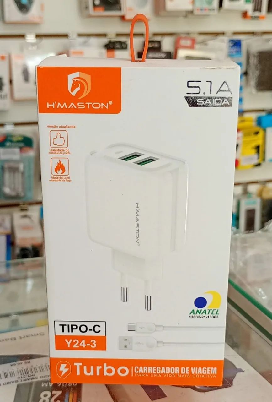 Carregador Turbo Usb Para Tipo C 5.1A Com 2 USB Com Cabo 1m - Novo - Foto 2