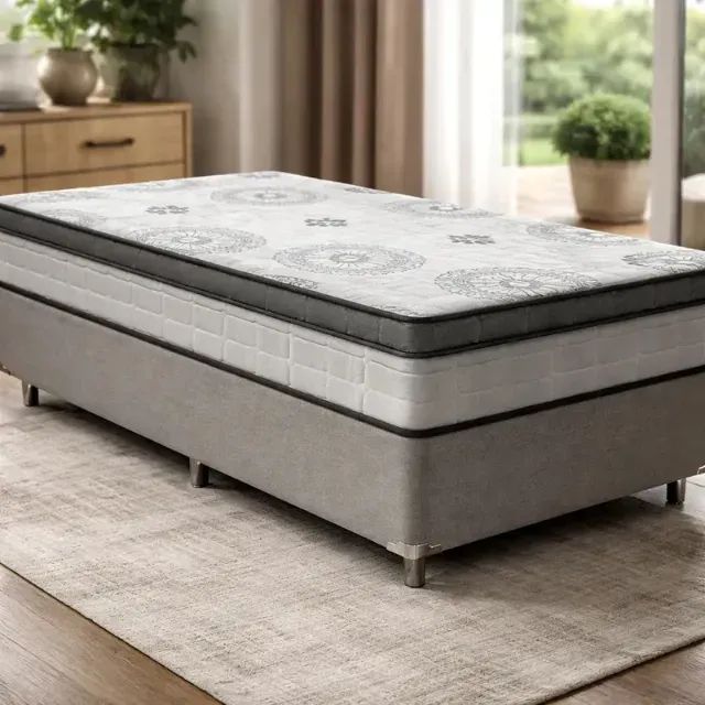 Cama base box cinza + colchão solteiro d33
