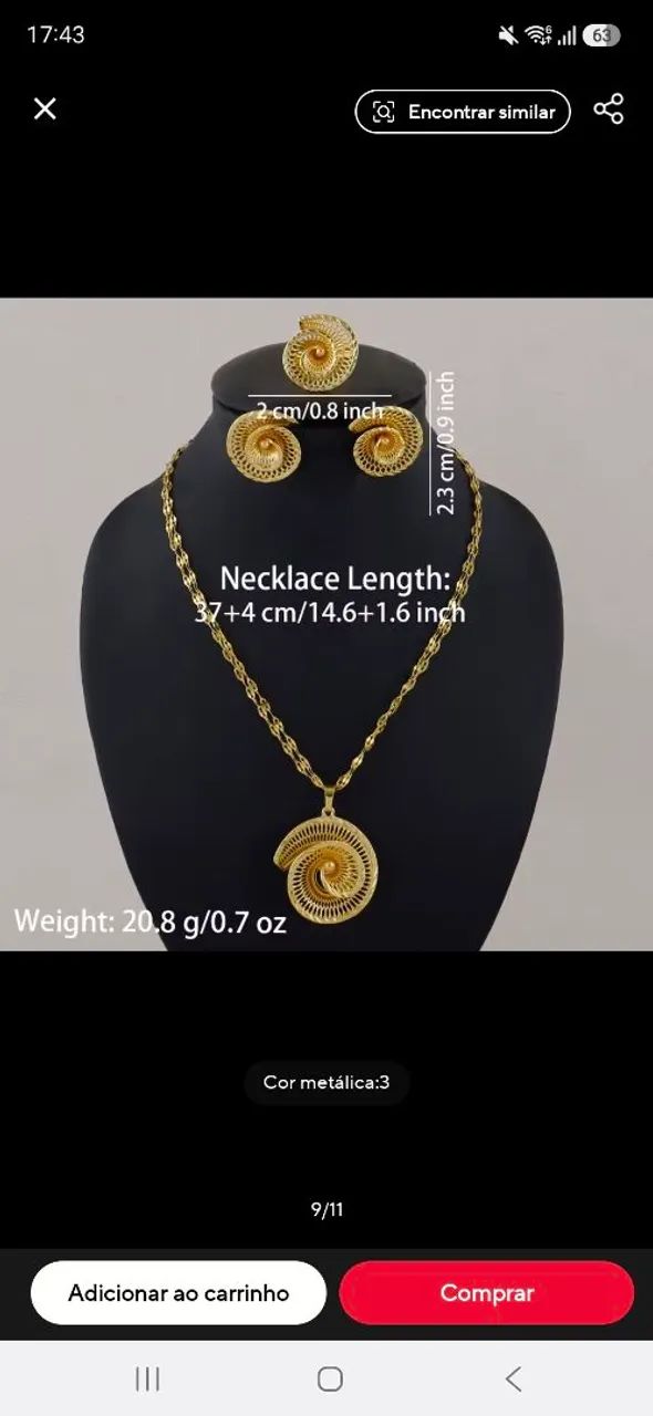 Conjunto de joias (brincos, colar e anel )
